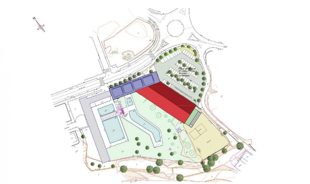 Dibuix de la futura piscina coberta d'Olot a les instal·lacions de l'actual piscina municipal