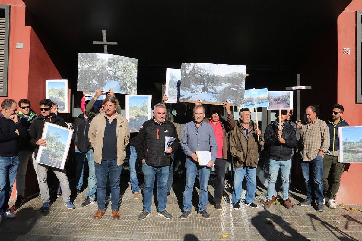 Pagesos del Segrià i les Garrigues afectats pels danys del Filomena protesten davant dels serveis territorials d'Acció Climàtica a Lleida, acompanyats per representants polítics.