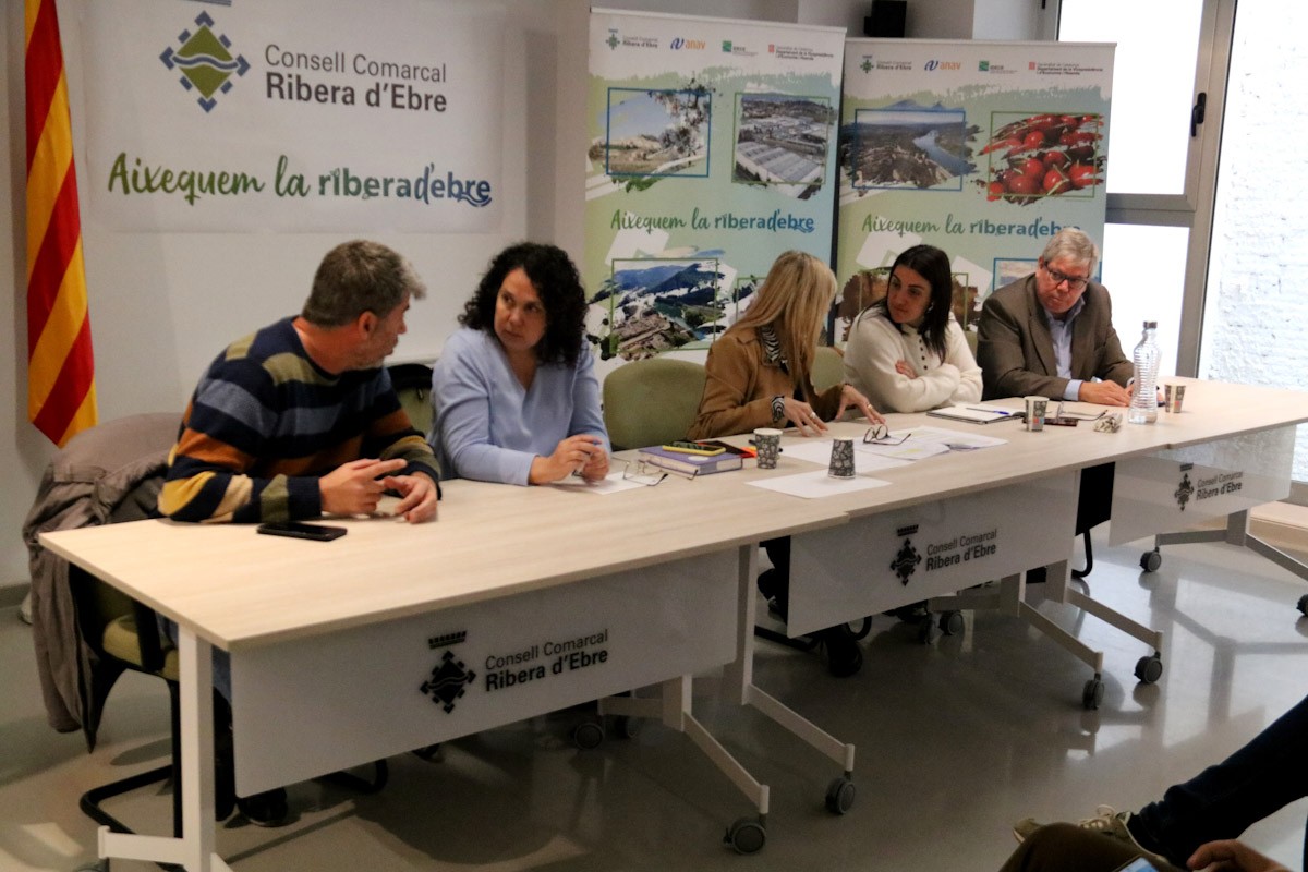 Presidents dels consells comarcals del Priorat, el Baix Camp, la Ribera d'Ebre, la Terra Alta, i el Baix Ebre, presidint la reunió d'alcaldes pel Fons Nuclear   