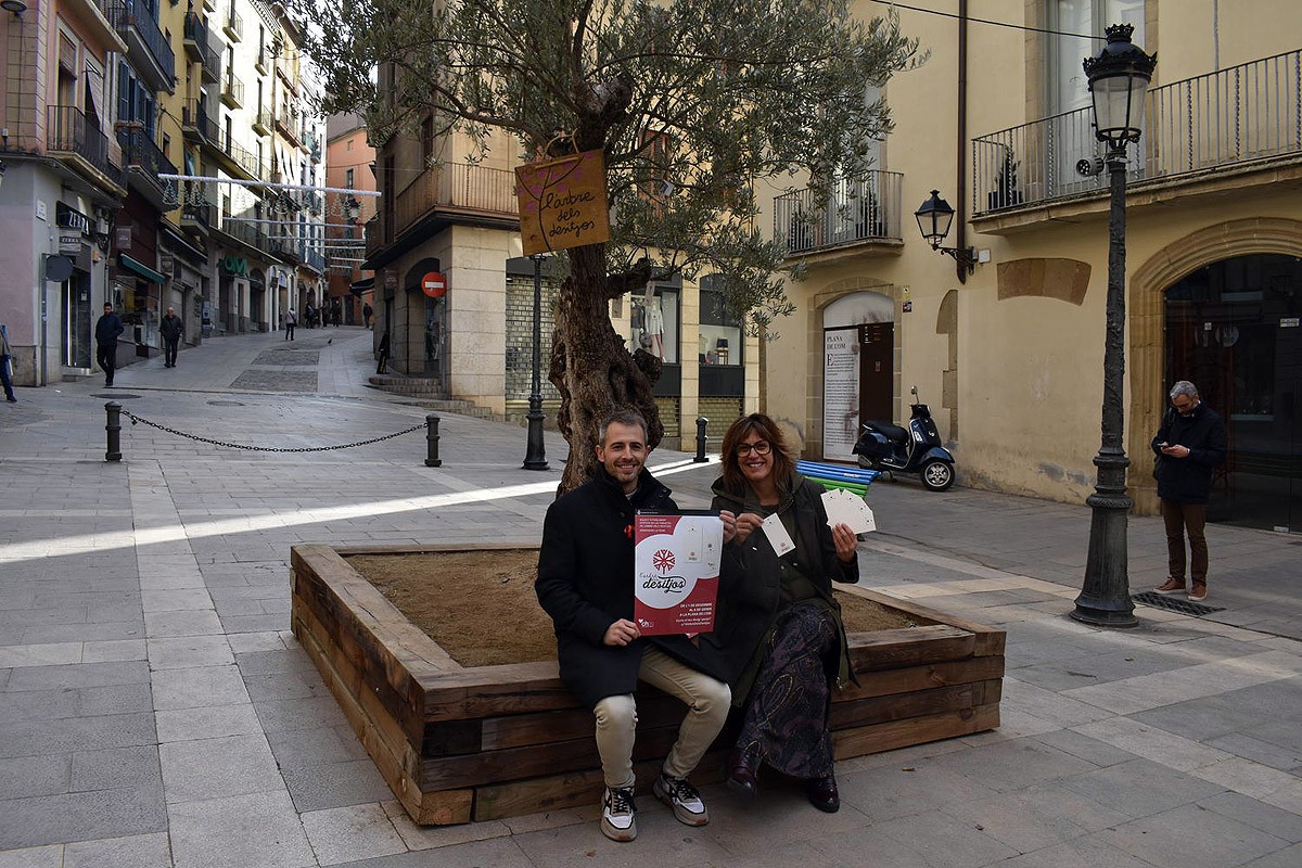 Els regidors Josep Maria Fius i Núria Masgrau davant de l'Arbre dels Desitjos