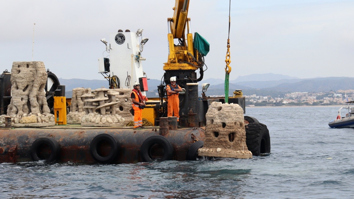 Dos operaris submergint un dels últims biòtops que envoltaran la muntanya marina del Port de Torredembarra.