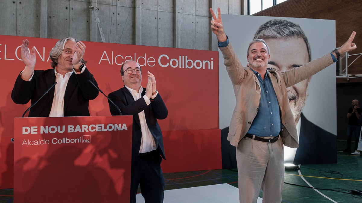 Jaume Collboni, amb Miquel Iceta i Xavier Marcé, aquest diumenge a Nou Barris