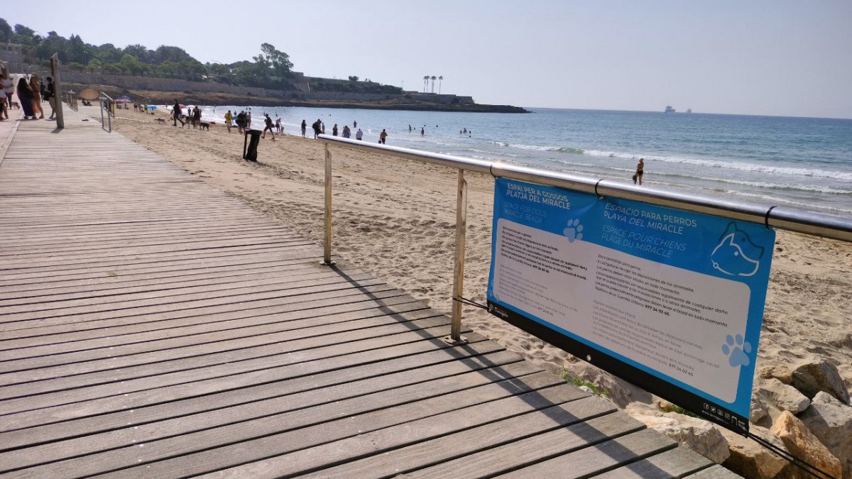 La platja del Miracle, senyalitzada en la part autoritzada per a gossos.