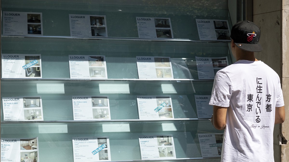 Un jove mirant anuncis d'habitatges en una immobiliària.