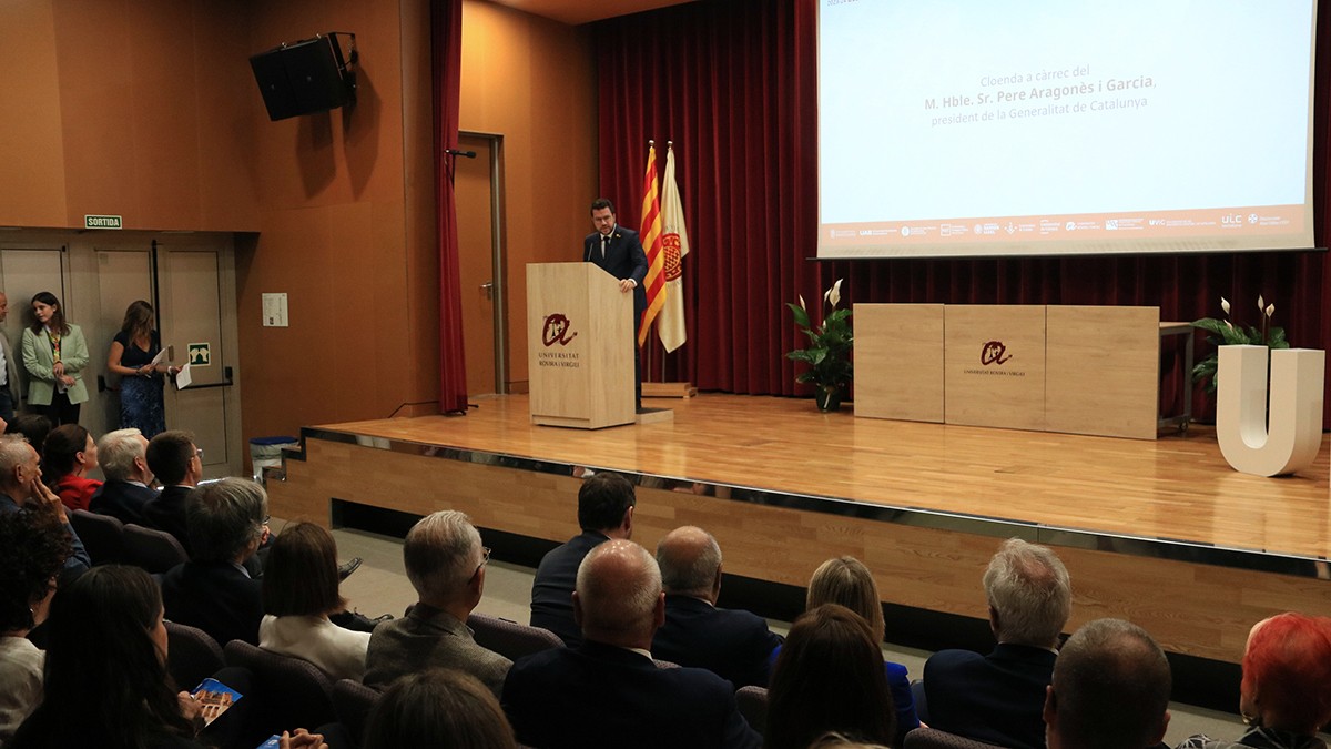 El president del Govern, Pere Aragonès, durant l'acte d'inauguració del curs 2023-24 a la Universitat Rovira i Virgili.