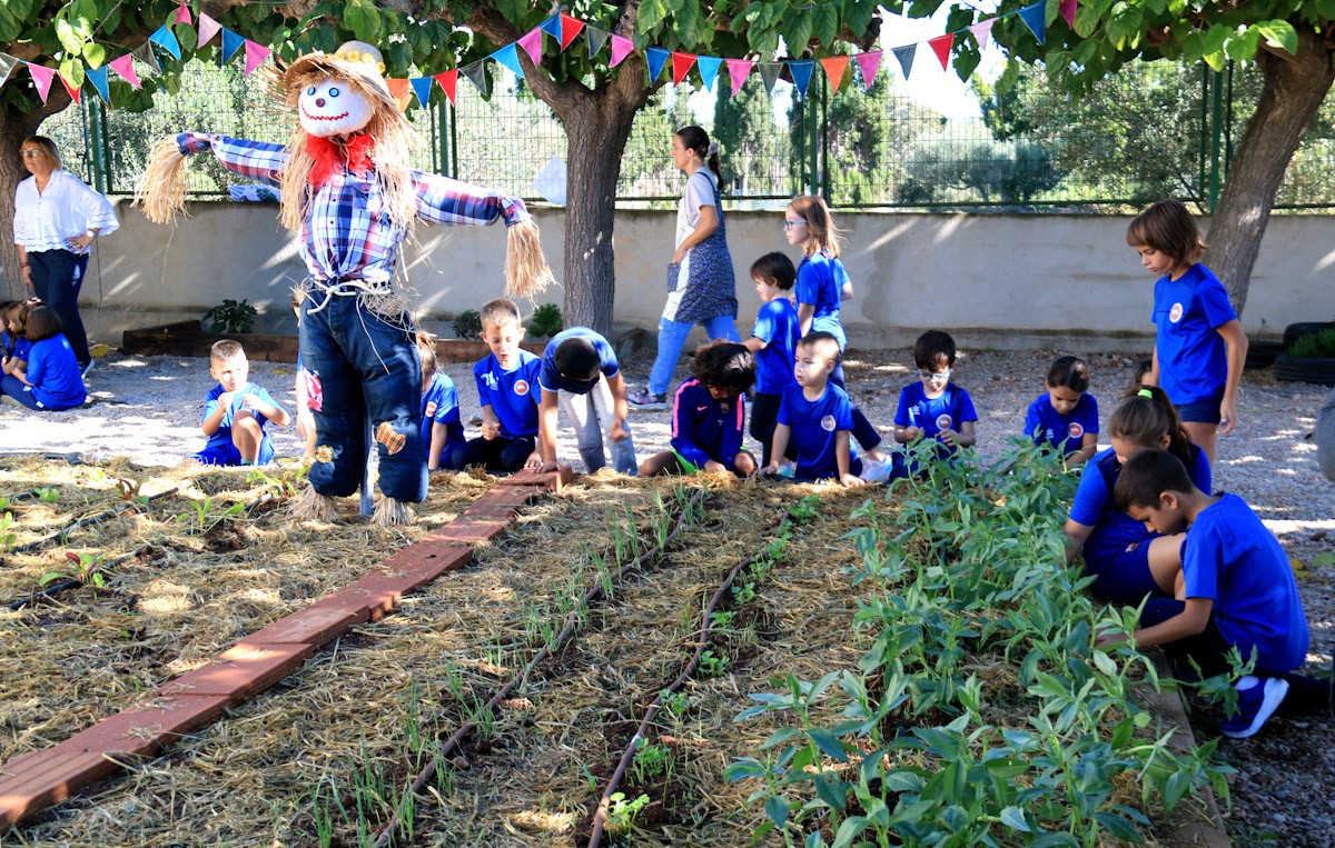 Alumnes de l'Escola 21 d'Abril de l'Aldea trballant al seu hort ecològic, al pati del centre  