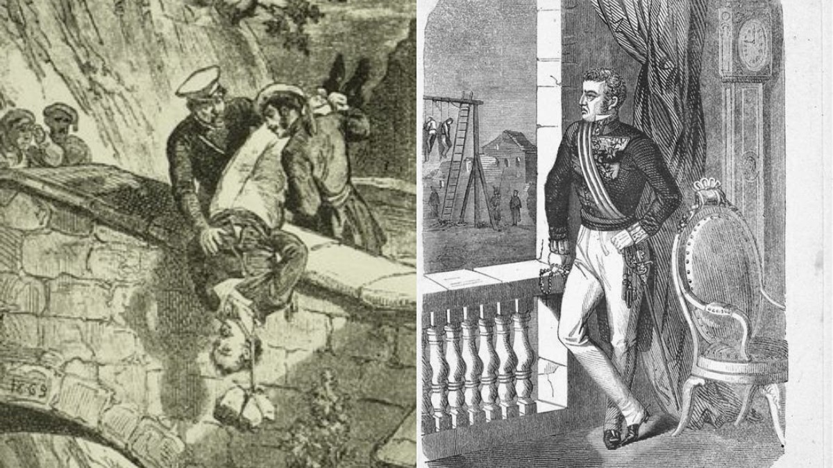 El cadàver de Charles d'Espagnac i ell amb una execució al fons